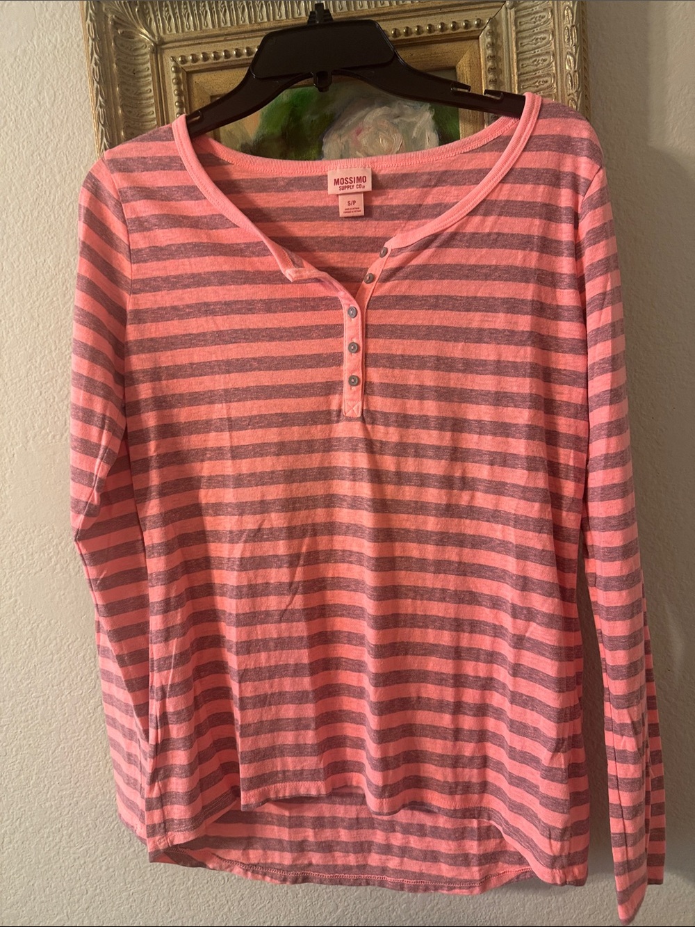 Mossimo Supply Co. Coral Pink and Gray Striped Henley Long Sleeve XS